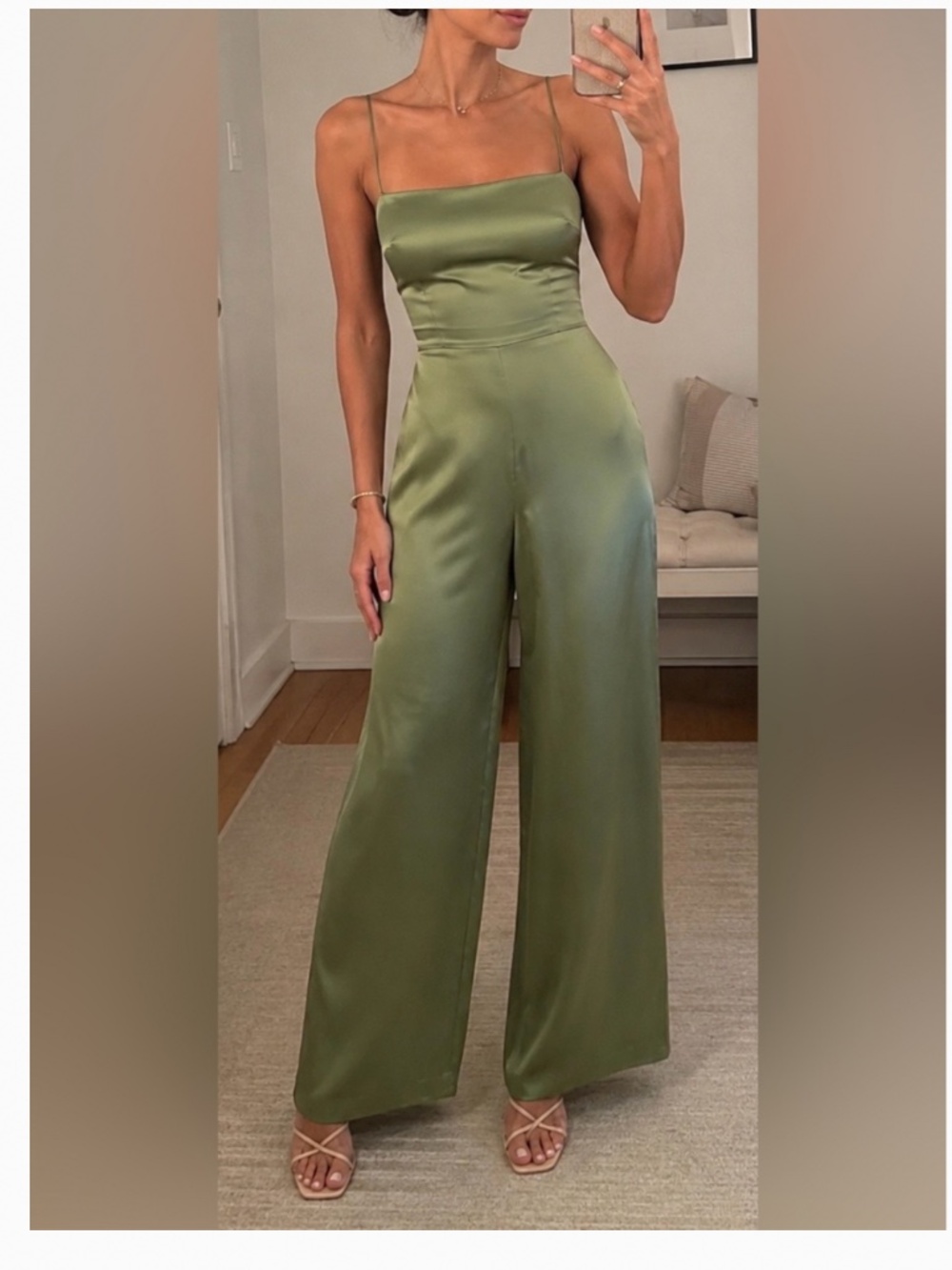 Reformation Sage Silk Jumpsuit in Artichoke